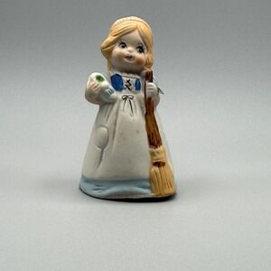 JASCO Merri Bells Girl With A Broom Bell Bisque Figurine Hand Painted VTG 1978